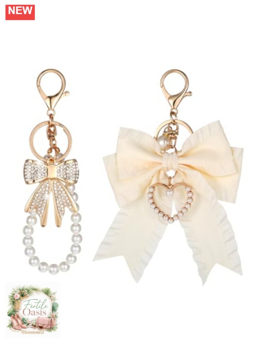 Pearl Bow Keychain Set of 2 - Cute Bag Charm for Purse, Keychain, Wristlet